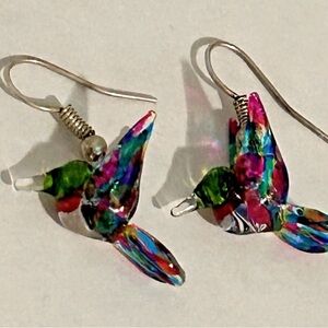 Vibrant Multicolor Hummingbird Glass Earrings Silvertone Fishhooks 1”